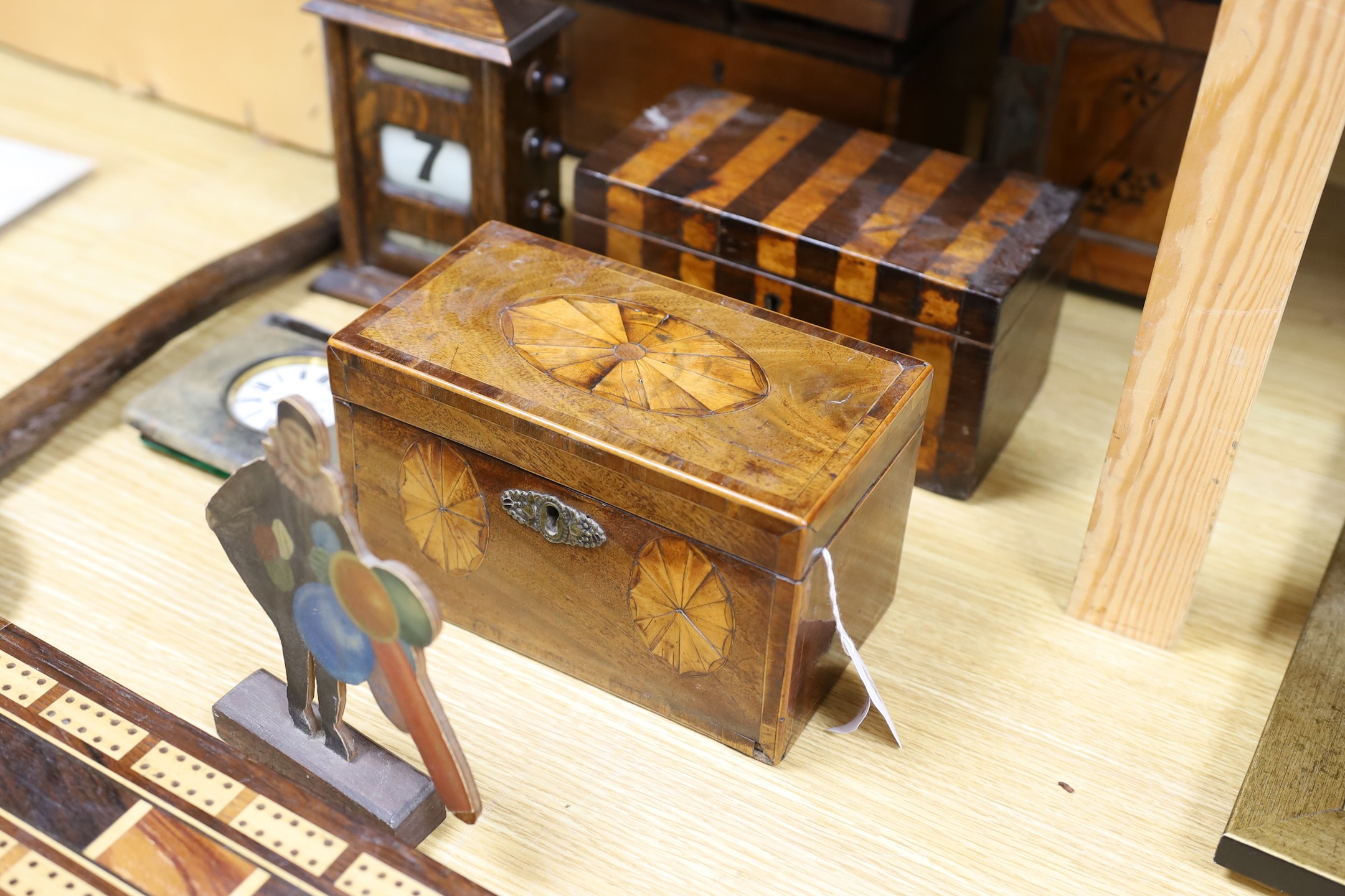 Three 19th century inlaid mahogany tea caddies, a Hakone ware cabinet and assorted treen etc.